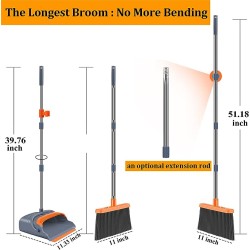 kelamayi Upgrade Broom and Dustpan Set, Self-Cleaning with Dustpan Teeth, Indoor&Outdoor Sweeping, Ideal for Dog Cat Pets Home Use, Stand Up Broom and Dustpan (Gray&Orange)